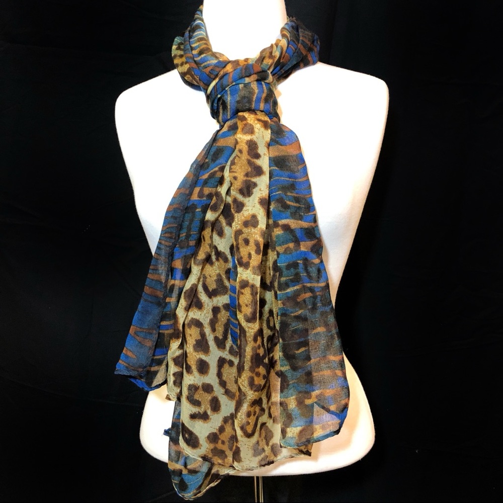 Blue Zebra & Leopard Print Long Lightweight Scarf - Picture 3 of 5